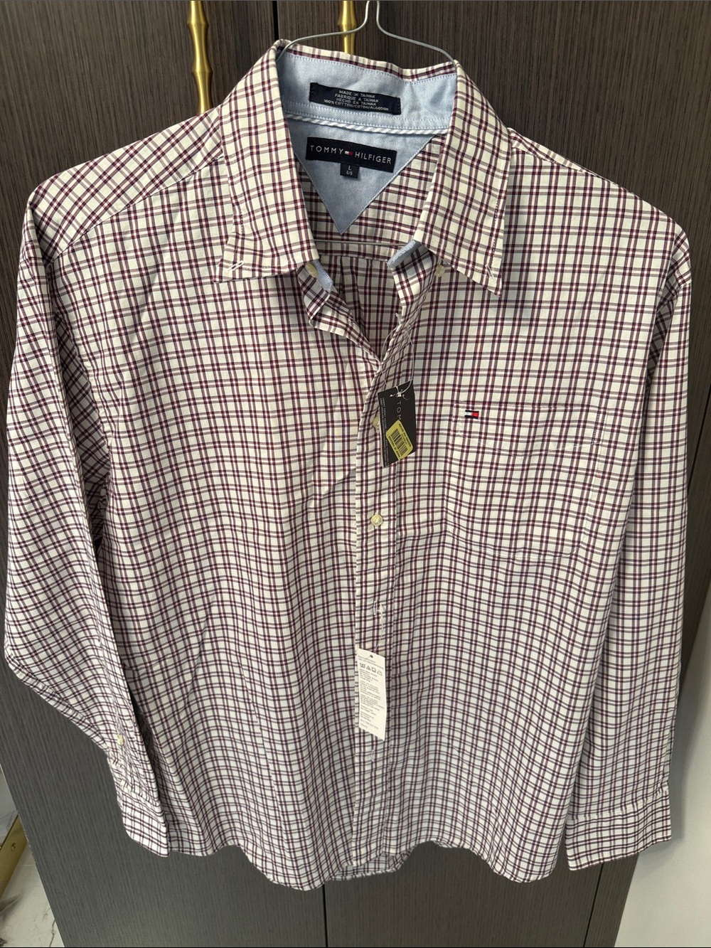 Tommy Hilfiger Men's Burgundy and White Plaid Dress Shirt